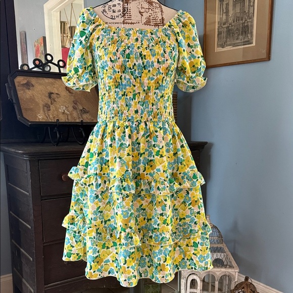 Kirundo Blue and Yellow Floral Print Smocked Puff Sleeve Off Shoulder Dress - Picture 2 of 14